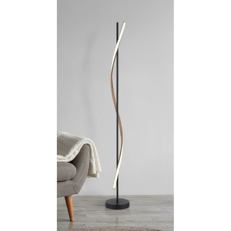 Globo 67354S WATKINS - Stojací lampa v matné černé barvě s imitací dřeva 30W, 3000K, 150cm