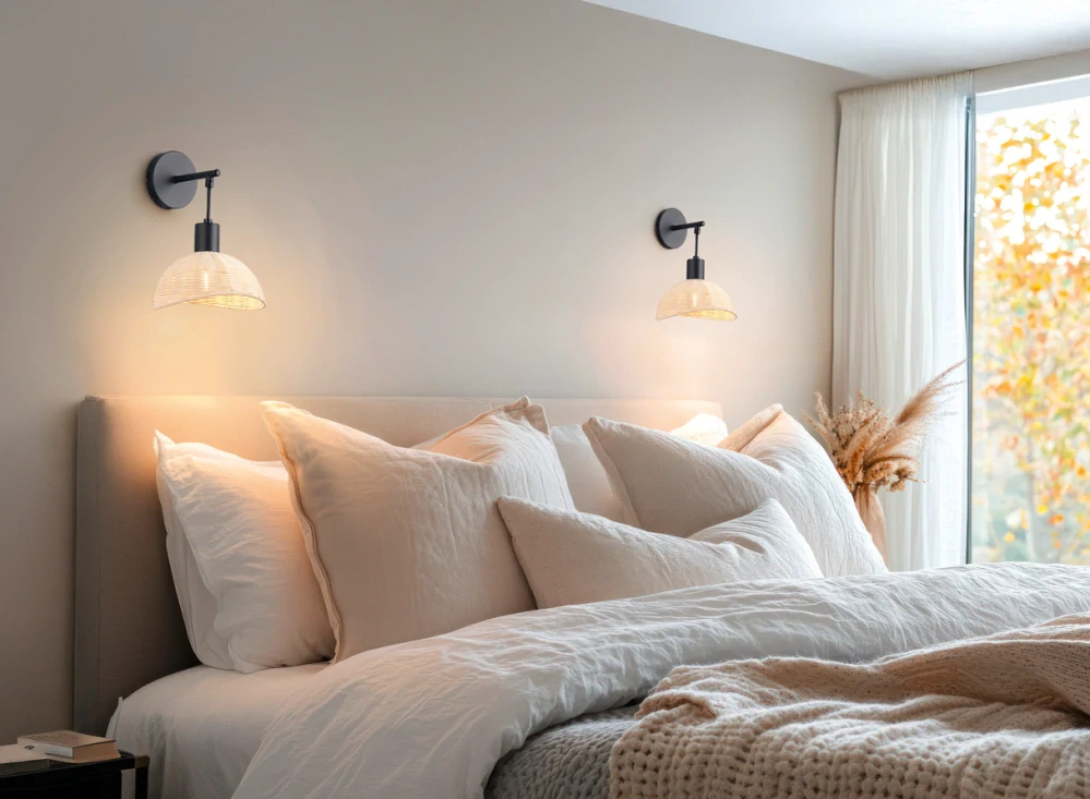Trio Leuchten R26781732 CALVI - Nástěnná černá lampička s ratanovým stínidlem, 1 x E14