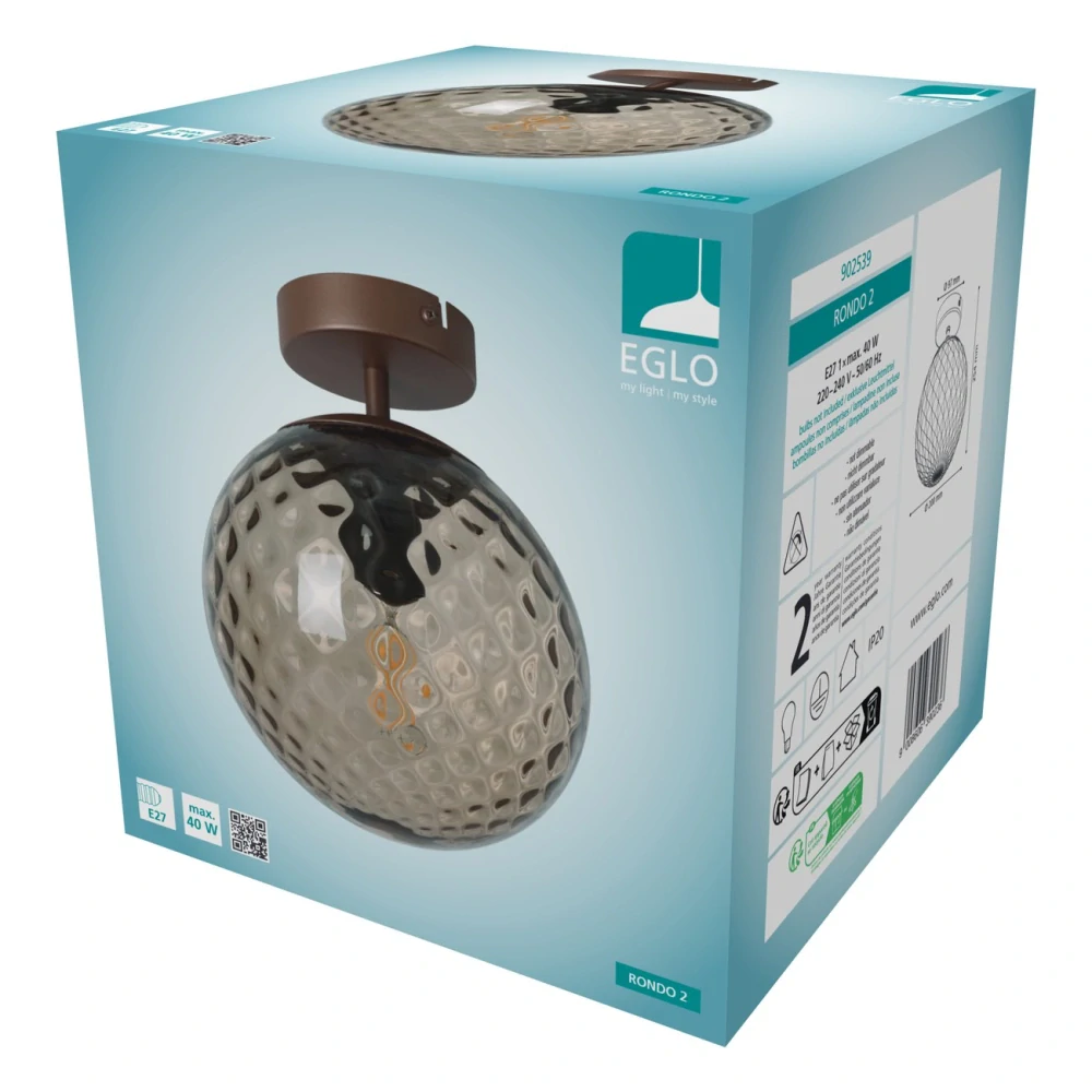 Eglo 902539 RONDO 2 - Stropní kulatý lustr s bronzovým kovem a hnědým sklem 1 x E27, Ø 20cm