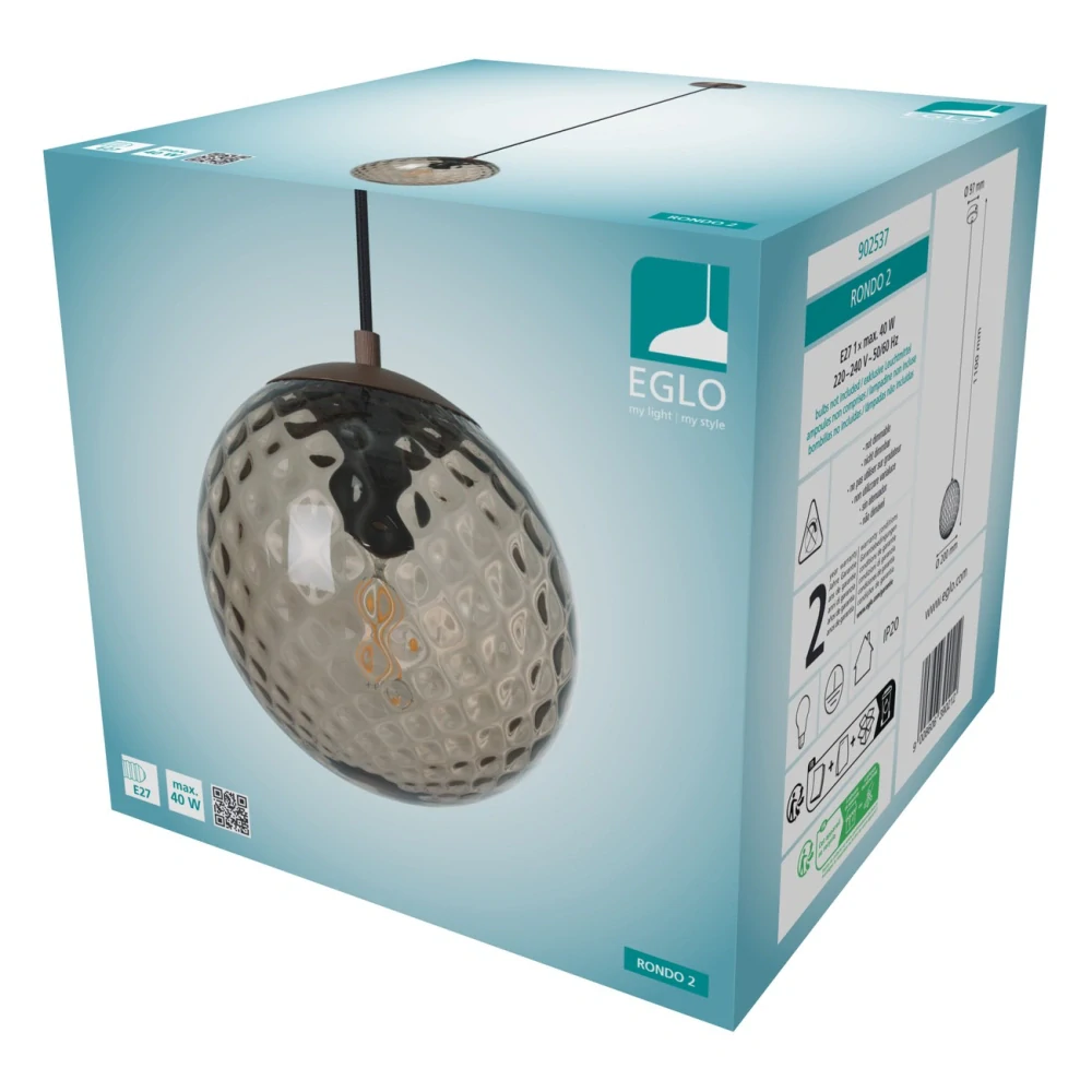 Eglo 902537 RONDO 2 - Závěsný kulatý lustr s bronzovým kovem a hnědým sklem 1 x E27, Ø 20cm