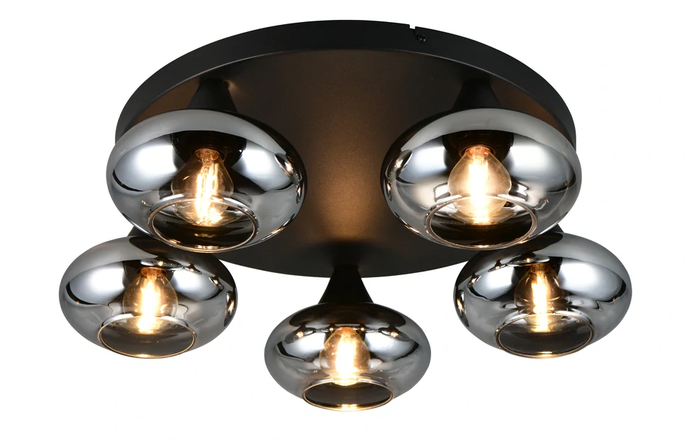 Trio Leuchten R66645054 DIVINA - Stropní černý lustr s kouřovými skleněnými stínidly, 5 x E14, Ø 49cm
