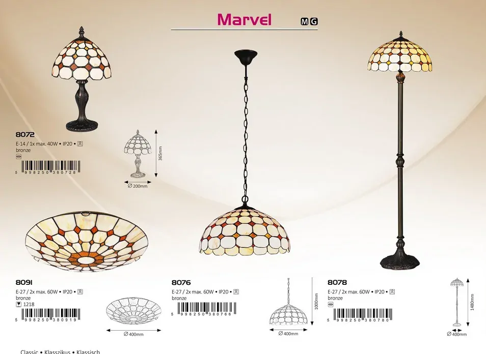 Rabalux 8072 MARVEL - Vitrážová stolní lampička, výška 36,5cm