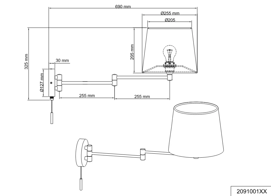 Trio Leuchten 209100108 LYON - Nástěnná lampa na kloubu s tahovým vypínačem a bílým textilním stínidlem