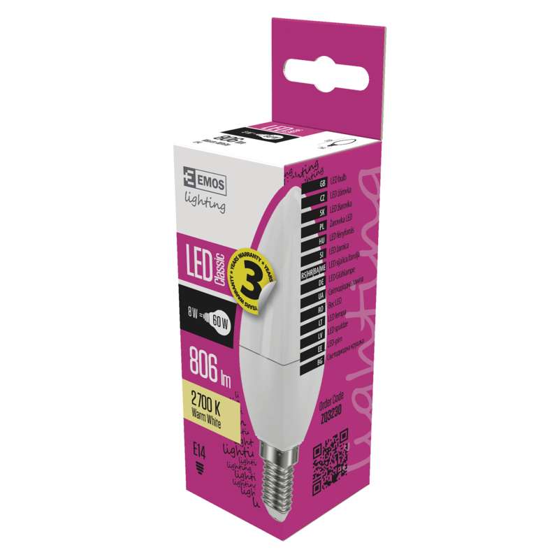 LED žárovka E14 - svíčka - ZQ3230, 2700K, 8W, 806lm