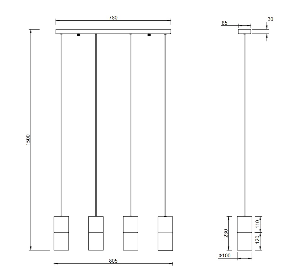 Trio Leuchten 310600432 ROBIN - Závěsné kuchyňské svítidlo s černými kouřovými skly 4 x E27, 80cm šířka