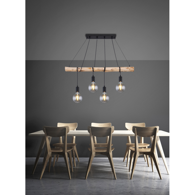 Globo 15439-4 AUSTON - Závěsné svítidlo v kombinaci dřeva a černých textilních kabelů, 4x E27, 90cm