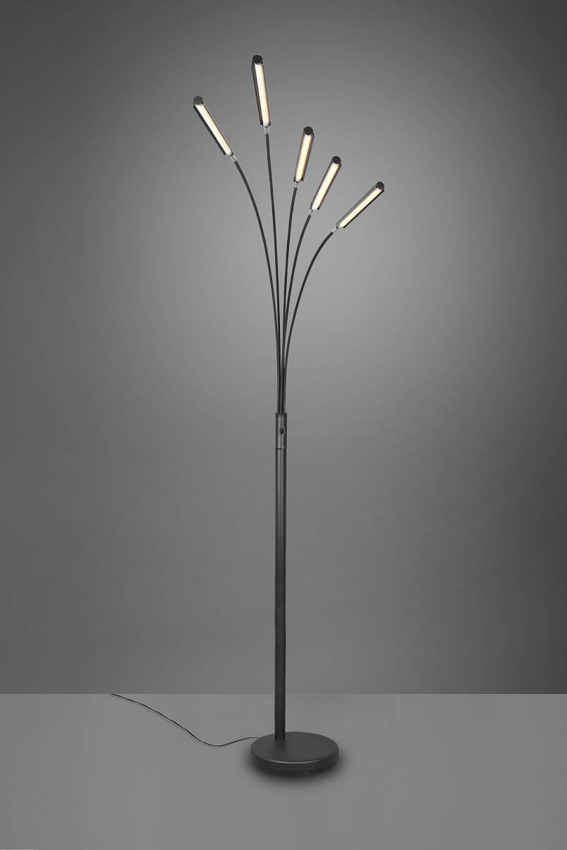 Trio Leuchten R41031532 REED - Pětiramenná LED stojací lampa v černé barvě, stmívatelná, 5 x 3,5W, 195cm
