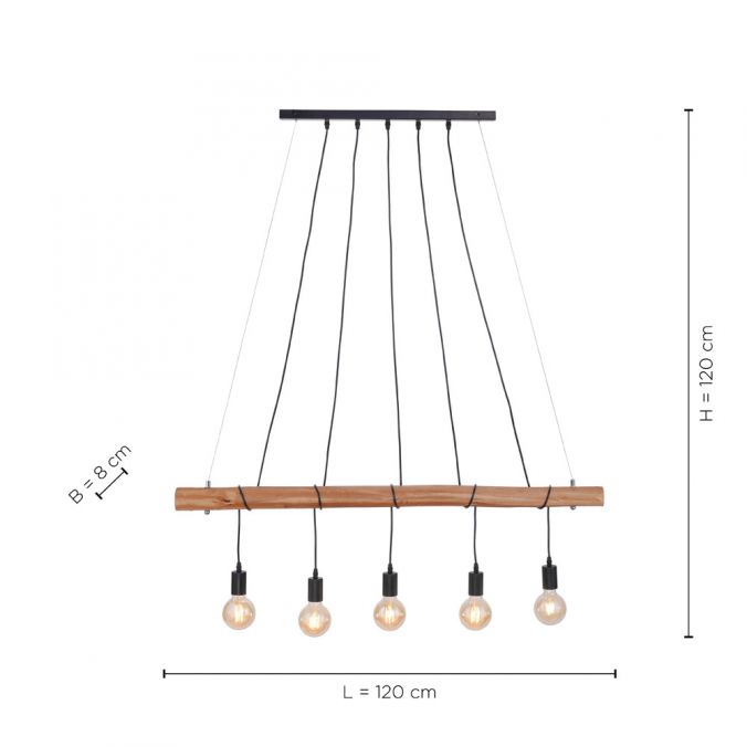 Leuchten Direkt 15515-18 DAMIAN - Závěsný lustr nad stůl s dřevěnou lištou 5 x E27, šířka 120cm