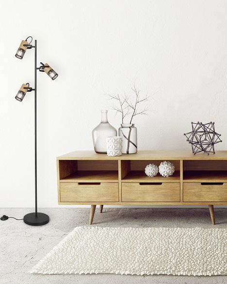 Trio Leuchten 404300332 TOSH - Trojramenná stojací lampa s dřevěnými prvky 3 x E14, výška 150cm