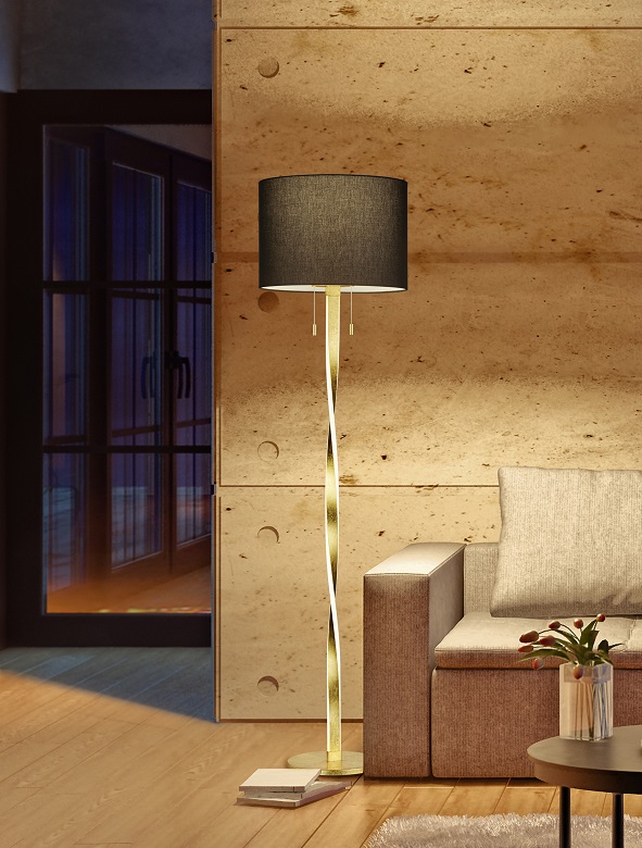 Trio Leuchten 475310379 NANDOR - Moderní zlatá stojací LED lampa s textilním stínidlem a tahovými vypínači 1 x E27 + LED 14W, 3000K, výška 160cm