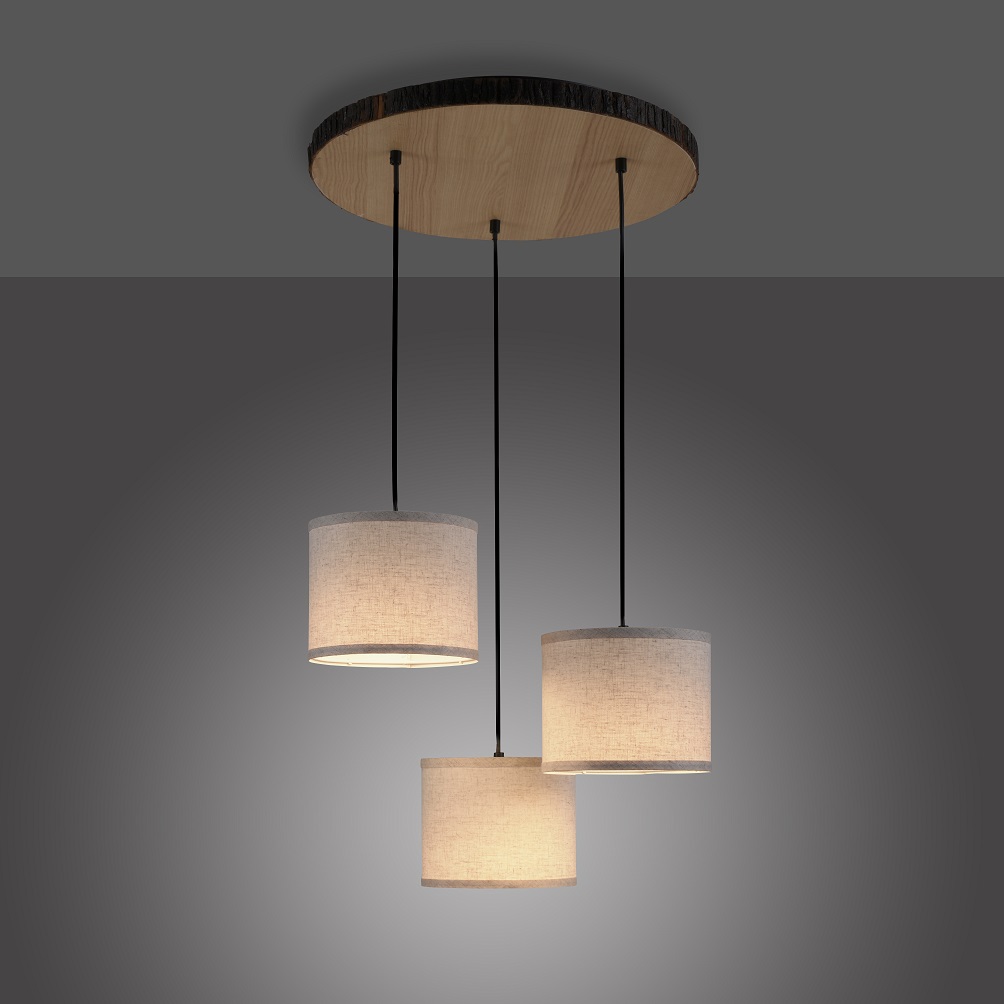 Leuchten Direkt 11236-79 BARK - Závěsný lustr se dřevem a textilními stínidly 3 x E27, Ø 52cm