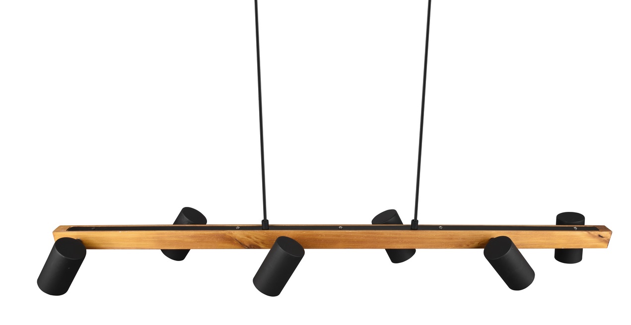 Trio Leuchten 312490632 MARLEY wood black  -Závěsný bodový lustr s dřevěnou lištou nad stůl v černé barvě, 6 x GU10, 115cm