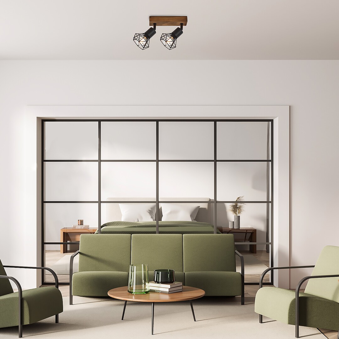 Rabalux 3138 ZEUS - Retro dvouramenné stropní svítidlo se dřevěnou monturou, 2 x E14