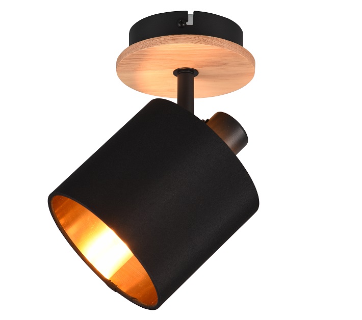 Trio Leuchten R81331030 TOMMY - Nástěnná lampička v imitaci dřeva s textilním stínidlem 1 x E14 / černo zlatá