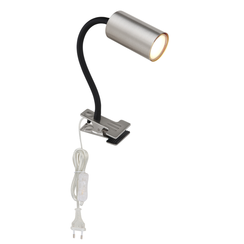 Globo 57911K ROBBY - Stolní lampička se skřipcem v matném niklu, kabel do zásuvky, 1 x GU10