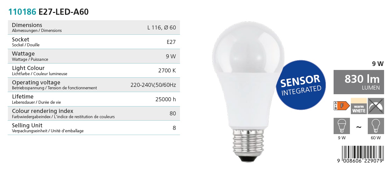EGLO 110186 BULB - LED žárovka s pohybovým čidlem E27, 9W Teplá bílá 2700K