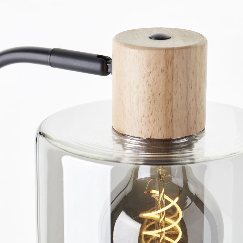 Brilliant 94707/93 WEALD - Stolní lampička s kouřovým sklem a dřevěným prvkem, 1 x E27