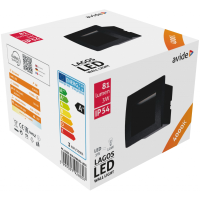 Avide AOLS3WLED-LAGS LAGOS - Zápustné orientační venkovní svítidlo v černé barvě, IP54, 4000K, 3W
