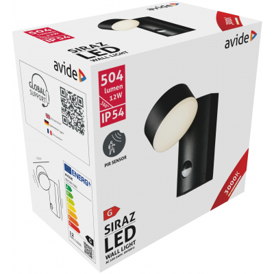Avide AOLW12WW-S-SIRAZ - Venkovní LED úsporné černé svítidlo s čidlem, 12W, 3000K, IP54