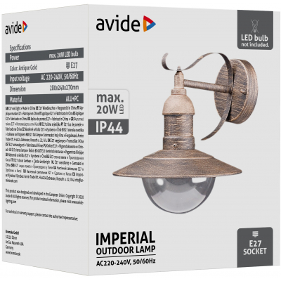 Avide AOLWE27-IMP-AG IMPERIAL - Venkovní nástěnné svítidlo v antické zlaté barvě, 1 x E27, IP44 41721