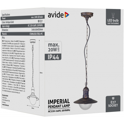 Avide AOLHE27-IMP-AG 42469 IMPERIAL - Venkovní závěsné svítidlo v antické zlaté barvě, 1 x E27, IP44 
