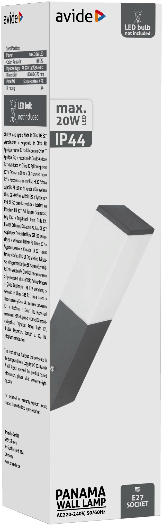 Avide AOLWE27-PAN-AN PANAMA- Venkovní nástěnné antracitové svítidlo, 1 x E27, IP44 41622