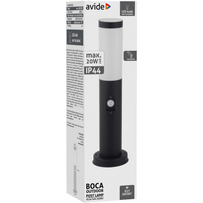 Avide AOLPE27-BOC-S-B 41783 BOCA - Venkovní stojací černá lampa s čidlem, 1 x E27, IP44, 45cm