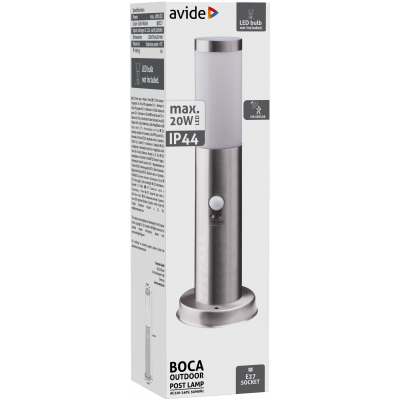 Avide AOLPE27-BOC-S-SN 41400 BOCA - Venkovní stojací stříbrná lampa s čidlem, 1 x E27, IP44, 45cm