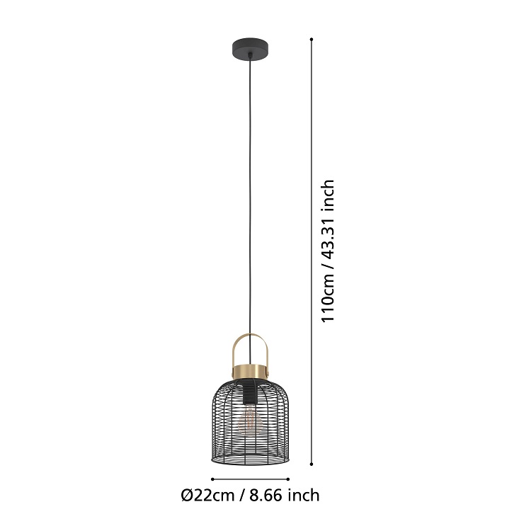 Eglo 43963 ROUNDHAM - Závěsné vintage svítidlo v černé barvě s mosazným prvkem 1 x E27, Ø 22cm