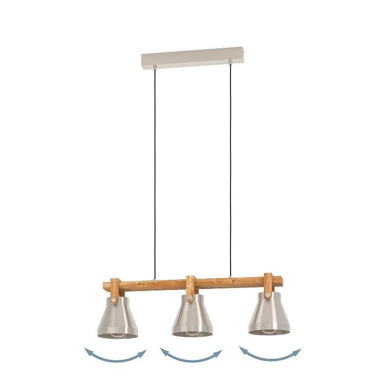 Eglo 43952 CAWTON - Závěsný trojramenný lustr nad stůl nebo sedačku se dřevěnou lištou, 3 x E27, 76cm