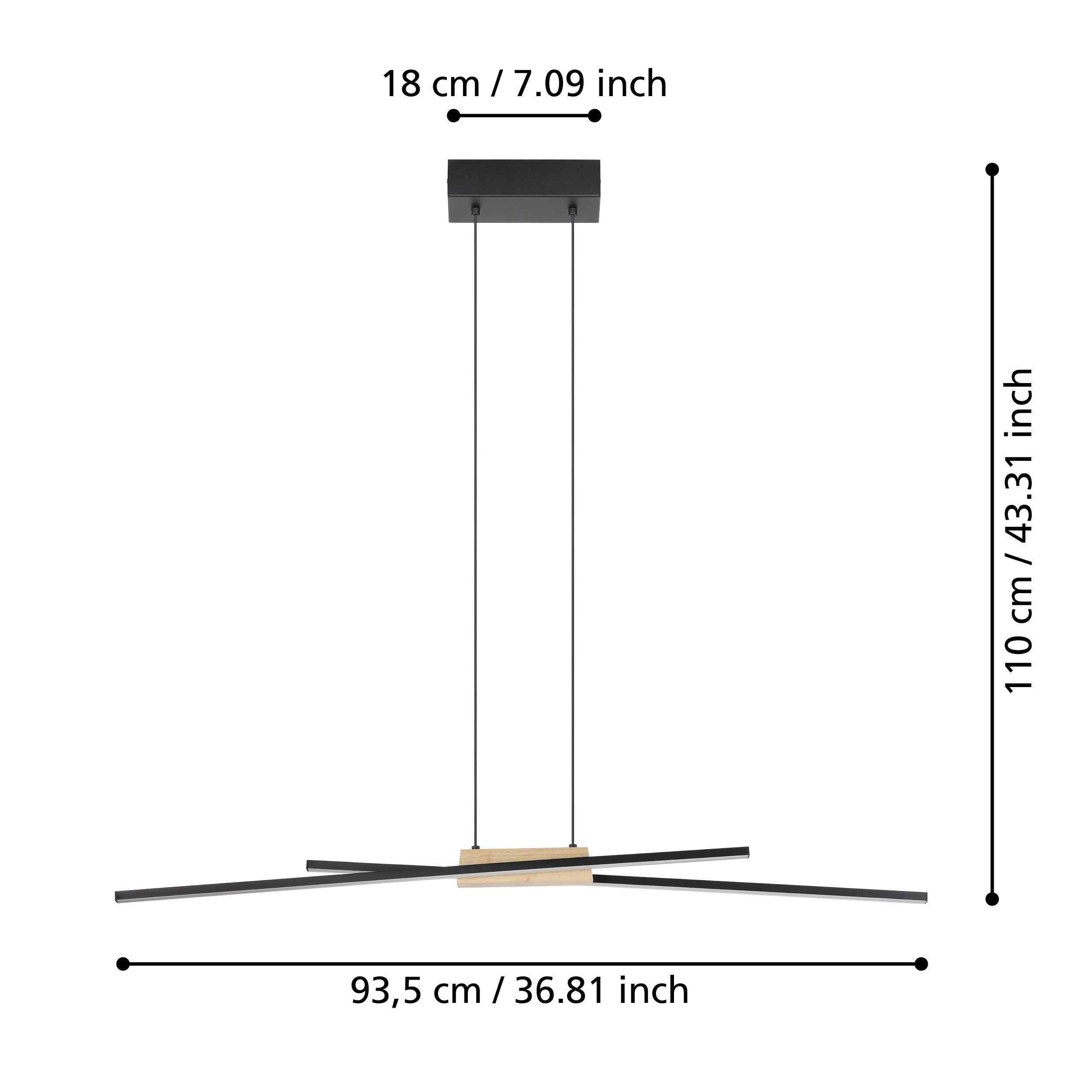 Eglo 900489 PANAGRIA - LED stmívatelné závěsné svítidlo v černé barvě se dřevem, 26W, 3000K, 93,5cm