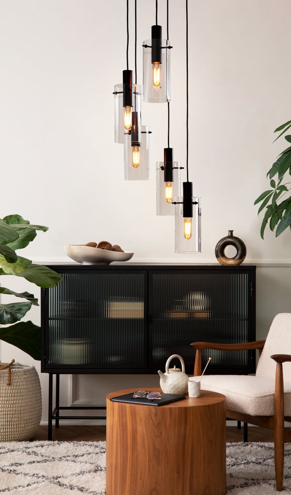 Eglo 97368 MONTEFINO - Závěsné černé svítidlo se skleněnými stínidly, 5 x E27, Ø 35cm