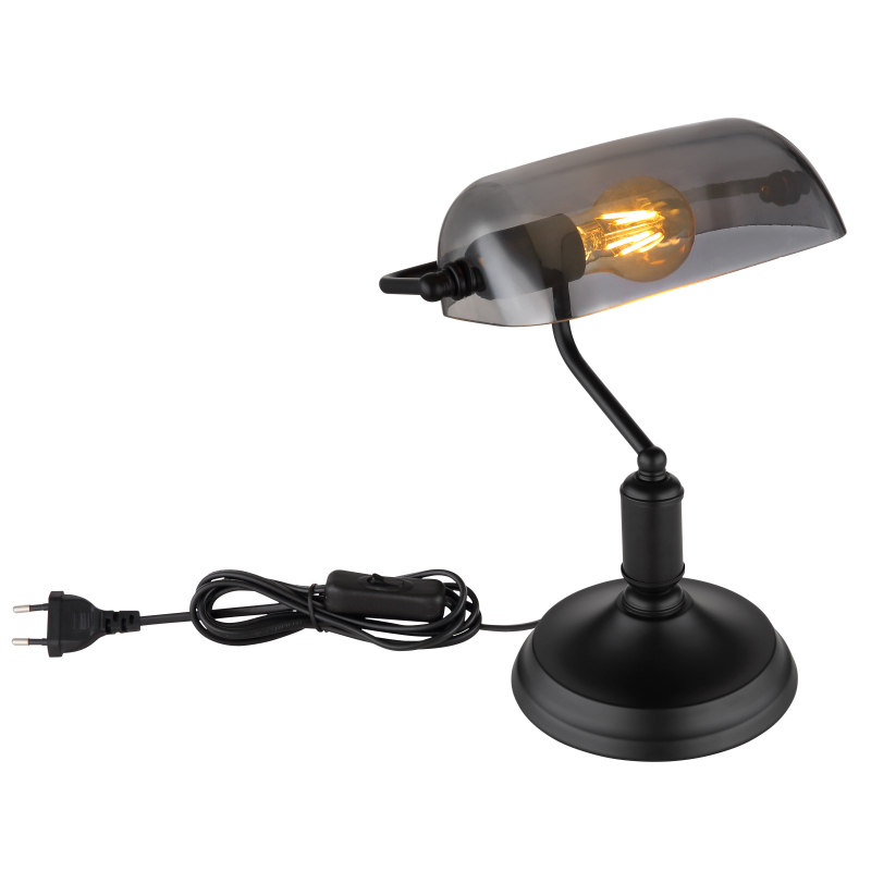 Globo 2491B Antique - Bankéřská lampička, černá montura, kouřové sklo, 1 x E27