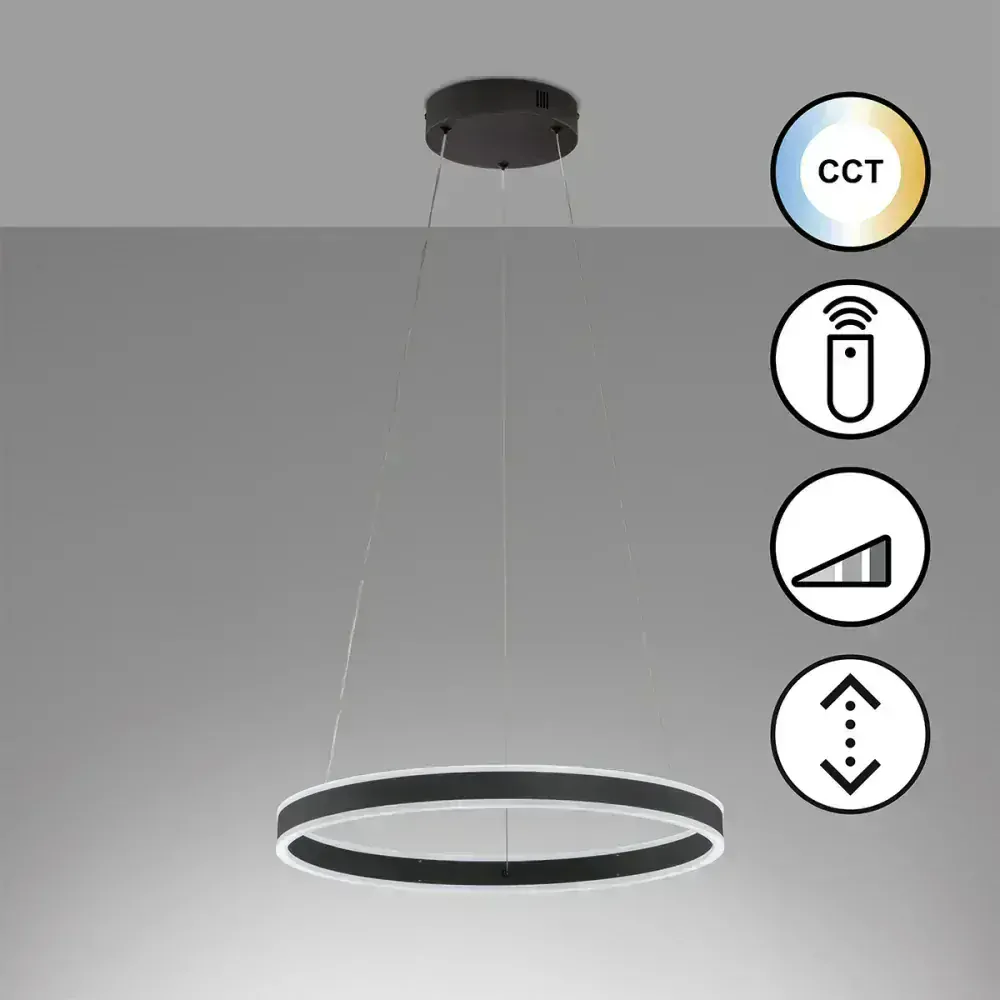 Fischer Honsel 61047 SIRKO - Černý LED závěsný kulatý lustr stmívatelný dálkovým ovladačem, LED 40W, 6500lm, 2700 - 6500K, Ø 50cm