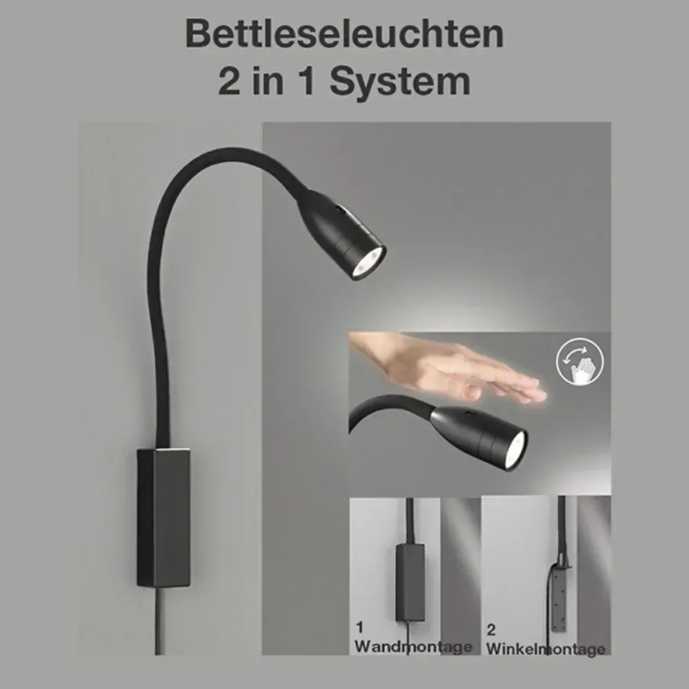 Fischer Honsel 30170 STEN - Nástěnná LED černá čtecí lampička s husím krkem a bezdotykovým vypínačem, LED 5W, 420lm, 3000K