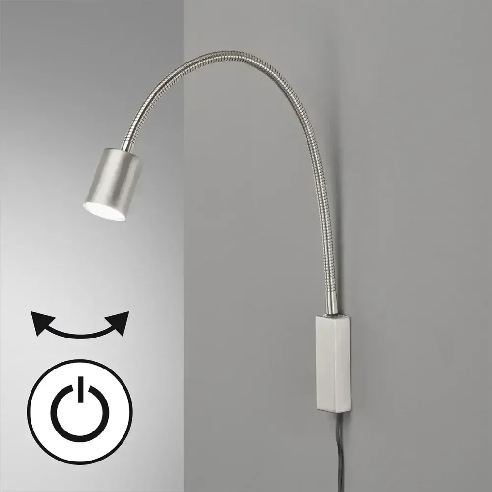 Fischer Honsel 30499 JUSTI - Nástěnná stříbrná čtecí lampička s husím krkem a vypínačem, 1 x LED  GU10