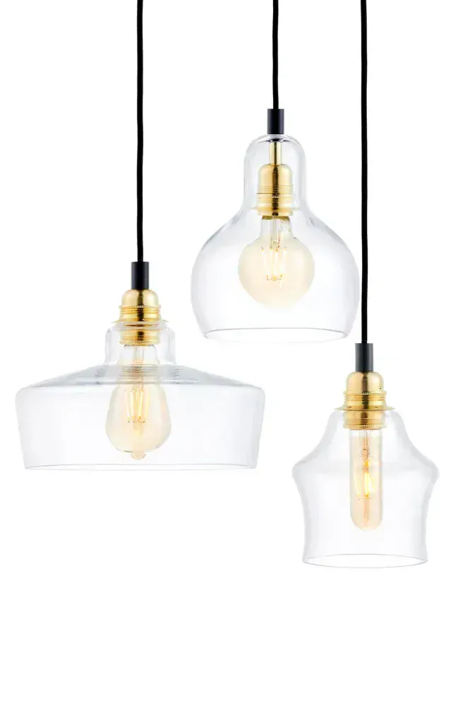 Kaspa 10877305 LONGIS - Trojramenné závěsné svítidlo, čiré sklo, zlaté patice, 3 x E27, Ø 40cm