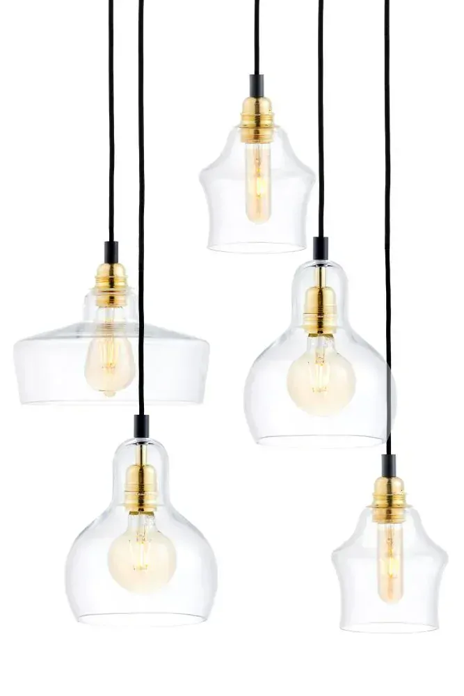 Kaspa 10878505 LONGIS - Pětiramenné závěsné svítidlo, čiré sklo, zlaté patice, 5 x E27, Ø 48cm