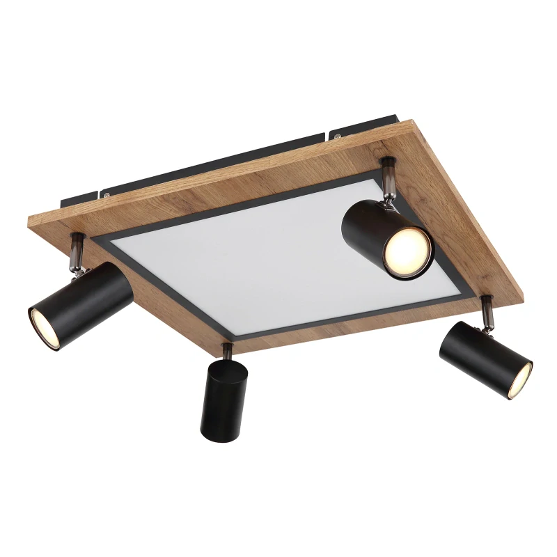 Globo 67306D2 ULLA - LED stropní svítidlo v černé barvě s MDF dřevem a natáčecími bodovkami, LED 24W + 4 x GU10, 3000K, 45 x 45cm