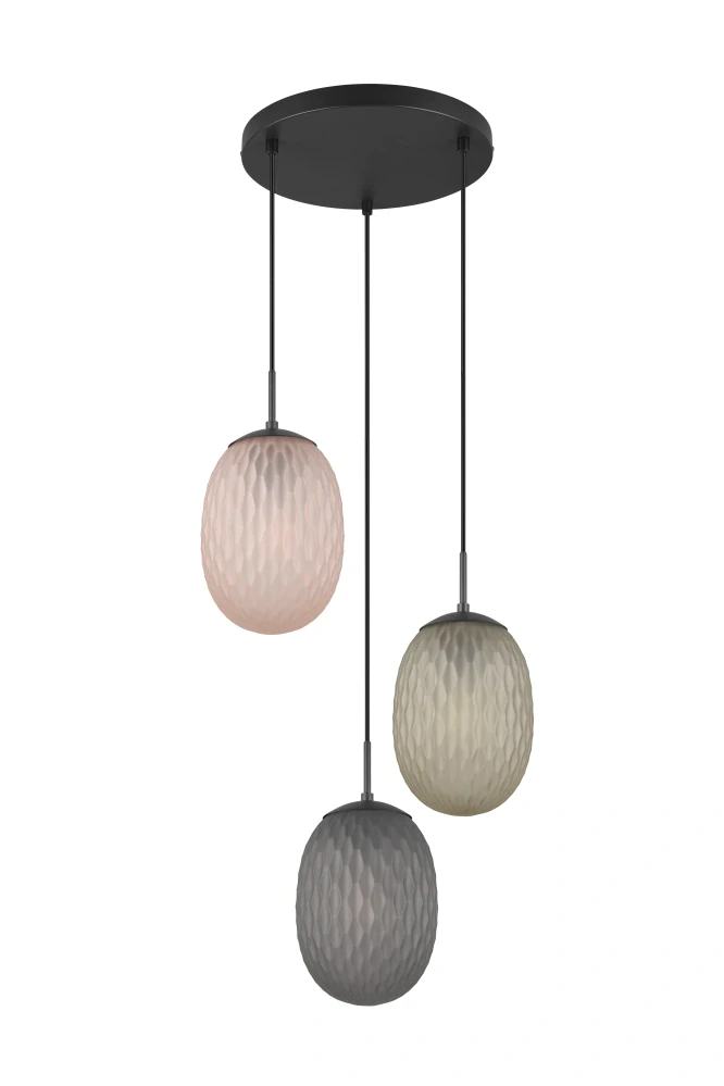 Trio Leuchten 364230317 FACETTE - Závěsný trojramenný lustr se skleněnými stínidly, 3 x E27, Ø 43cm