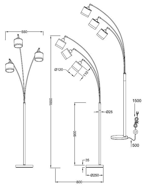 Trio Leuchten R41553041 DAVOS - Stojací trojramenná lampa s textilními stínidly, 3 x E14, 185cm výška