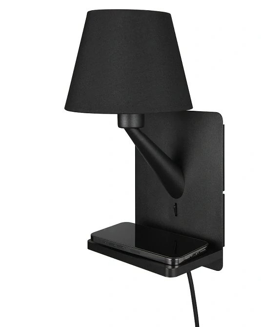 Trio Leuchten 262670132 COMFORT - Nástěnná černá lampička k posteli s bezdrátovým nabíjením, USB-A + USB-C, 1 x E14