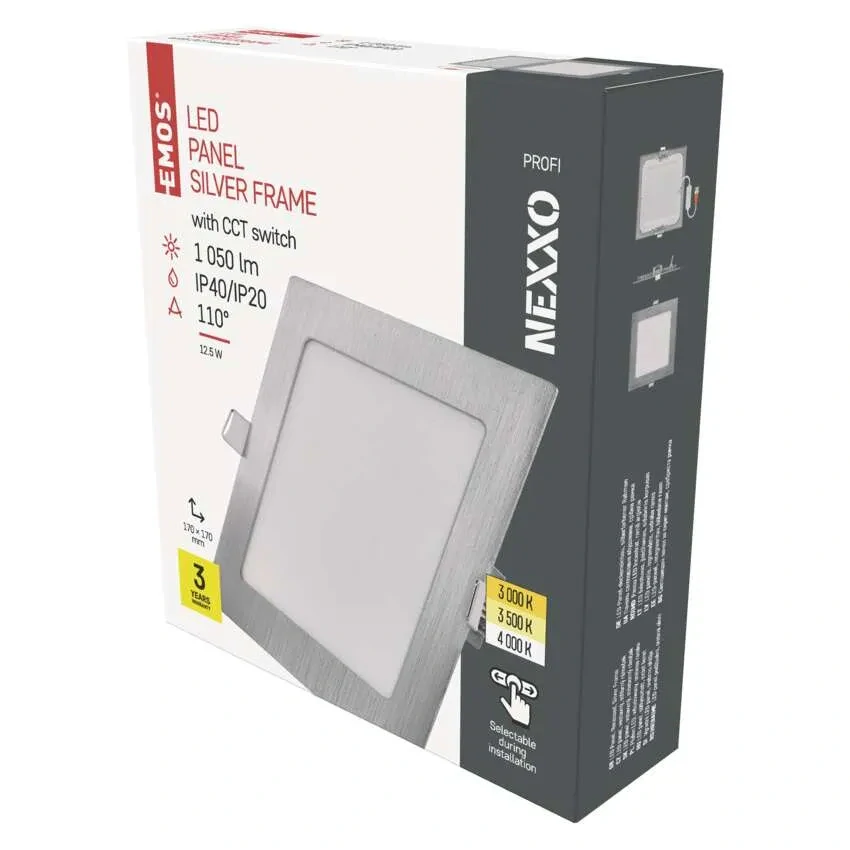 EMOS ZD2233 NEXXO - Podhledový stříbrný LED panel, 12,5W, 1050lm, 3000 + 3500 + 4000K, IP40/IP20, 17 x 17cm