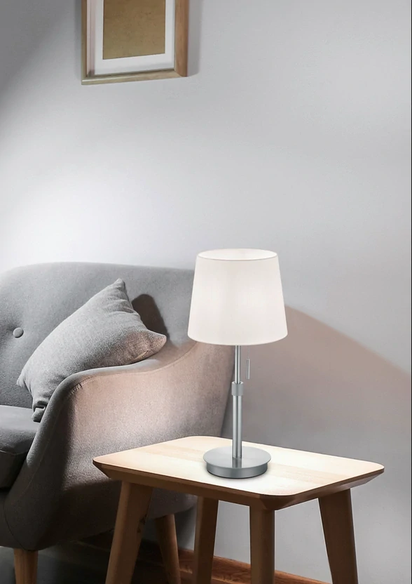 Trio Leuchten 509100107 LYON - Stolní moderní lampa v matném niklu s tahovým vypínačem a bílým textilním stínidlem, 56cm
