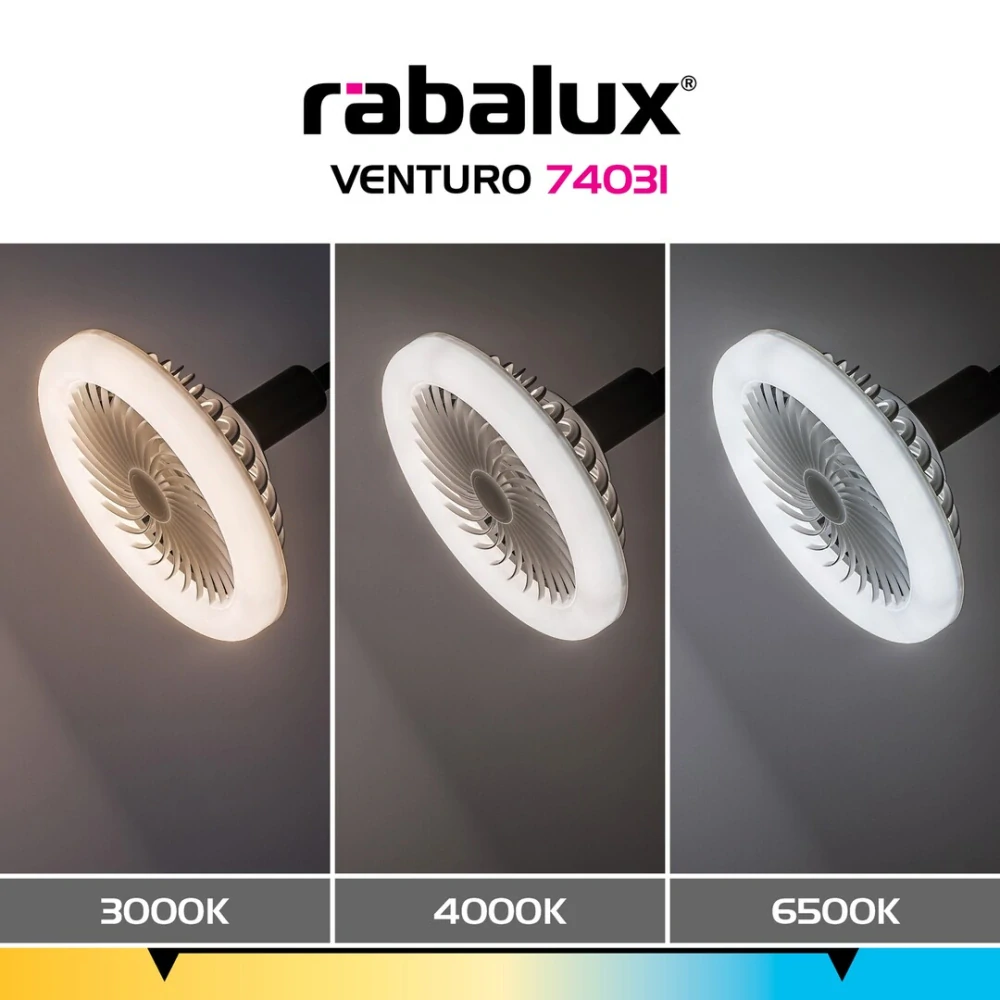 Rabalux 74031 VENTURO - LED stmívatelná stojací lampa s ventilátorem, LED 16W, 1600lm, 3000-6500K, 135cm