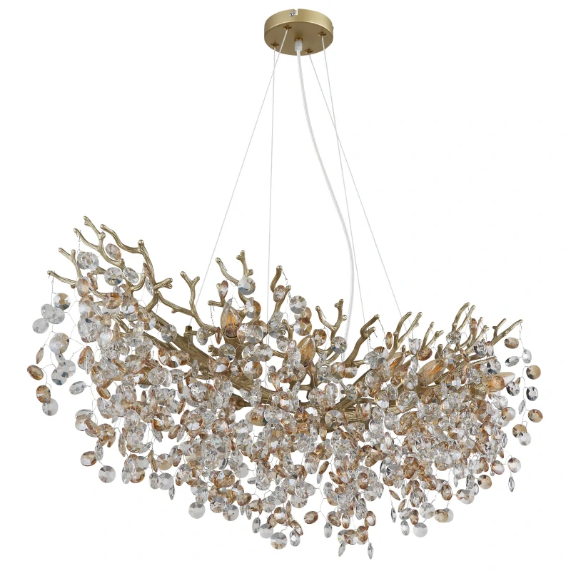 Globo 64138H3G QUEENA - Závěsný zlatý lustr se skleněnými kříšťálovými ověsky, 10 x E14, 100 x 45cm