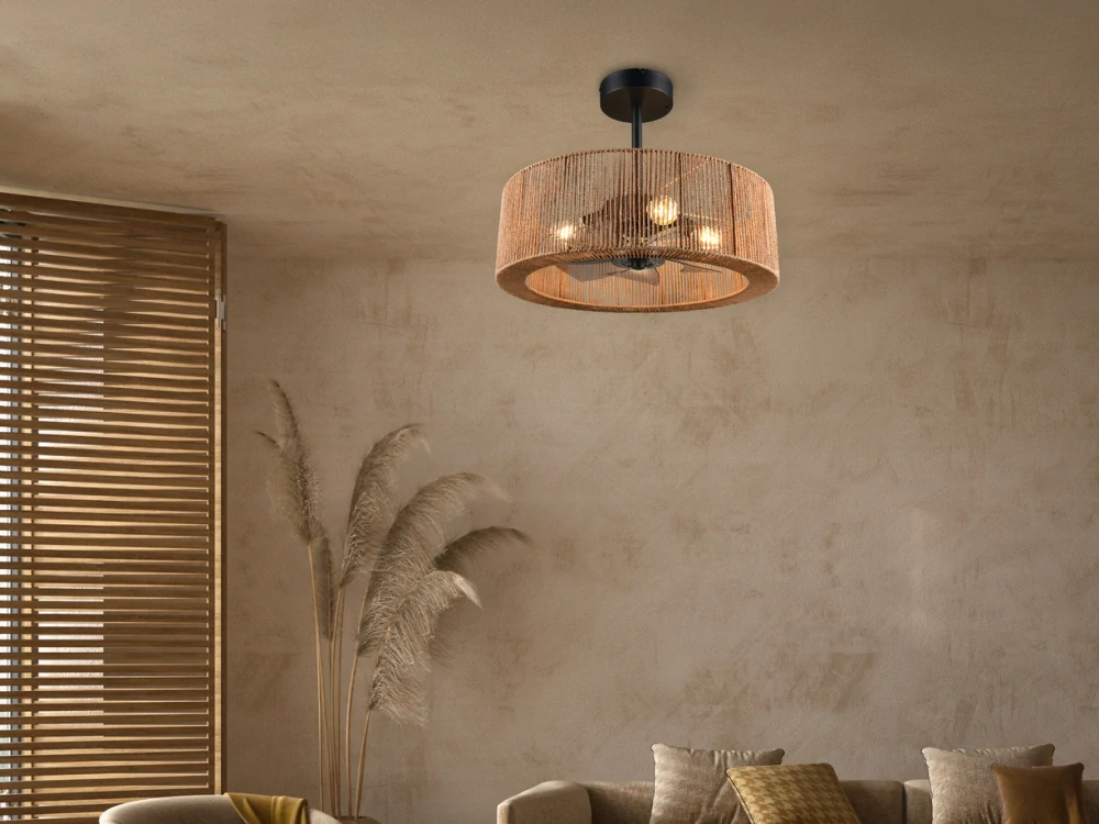Trio Leuchten R66905036 SMILLUM - Stropní ventilátor se stínidlem z konopí a dálkovým ovladačem, 4 x E27,  Ø 61cm