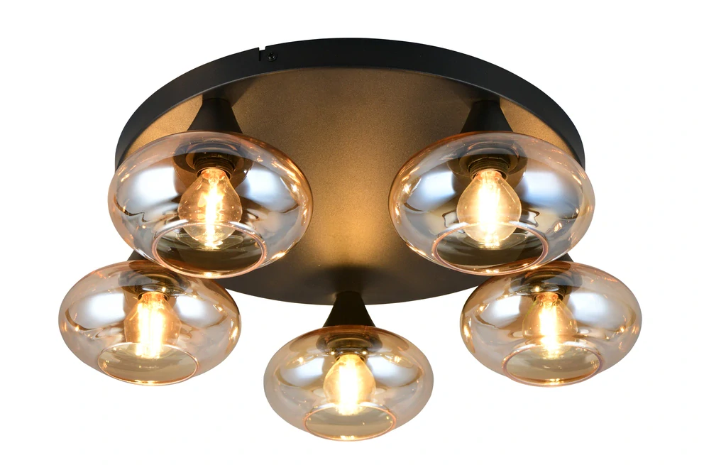 Trio Leuchten R66645013 DIVINA - Stropní černý lustr s jantarovými skleněnými stínidly, 5 x E14, Ø 49cm