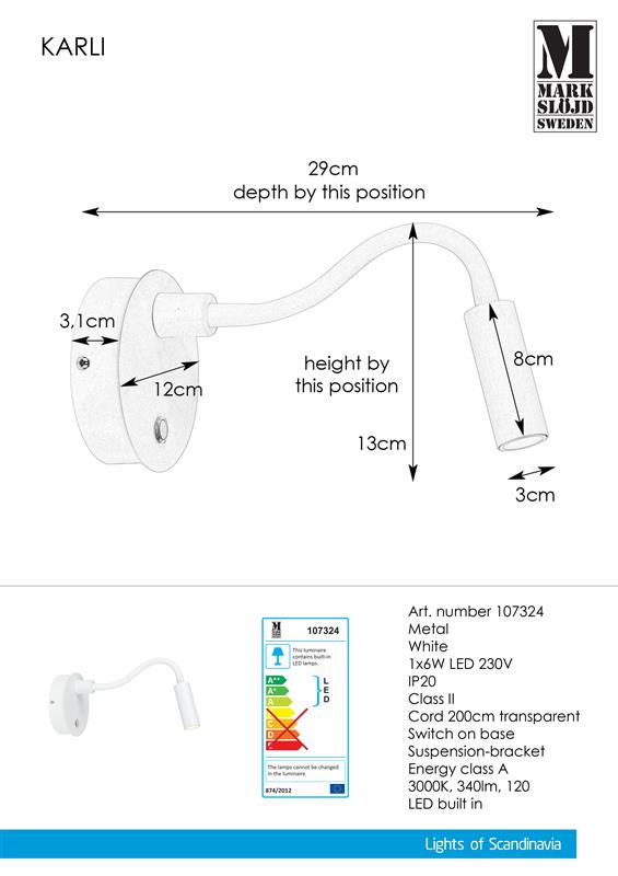 Markslojd 107324 KARLI - Nástěnné LED svítidlo na husím krku s kabelem do zásuvky a dotykovým vypínačem na svítidle