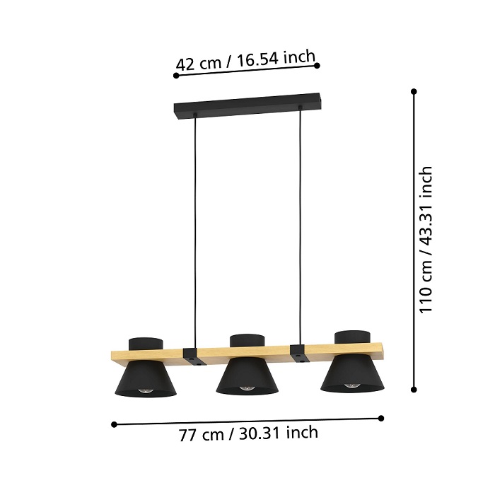 Eglo 43956 MACCLES - Závěsný dřevěný trojramenný lustr nad stůl nebo sedačku, 3 x E27, 77cm